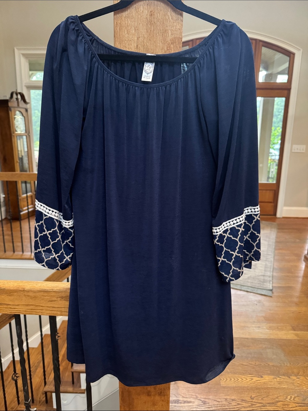 Navy Mini Dress with patterned bell sleeves